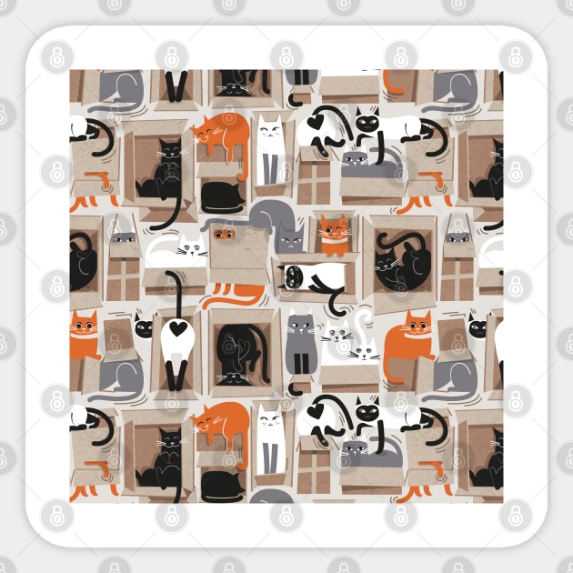 Purfect feline architecture // pattern // beige background cute cats in cardboard boxes Sticker by SelmaCardoso